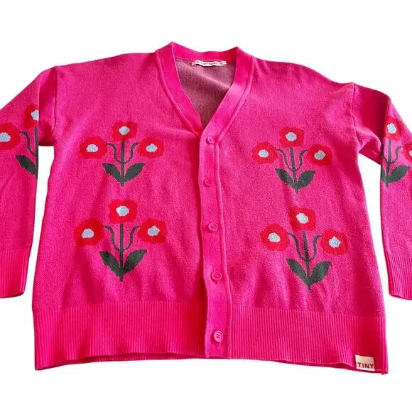 TINY COTTONS Intarsia Hot Pink Mako Cotton Knit Cardigan Sweater size 12 - Picture 3 of 7